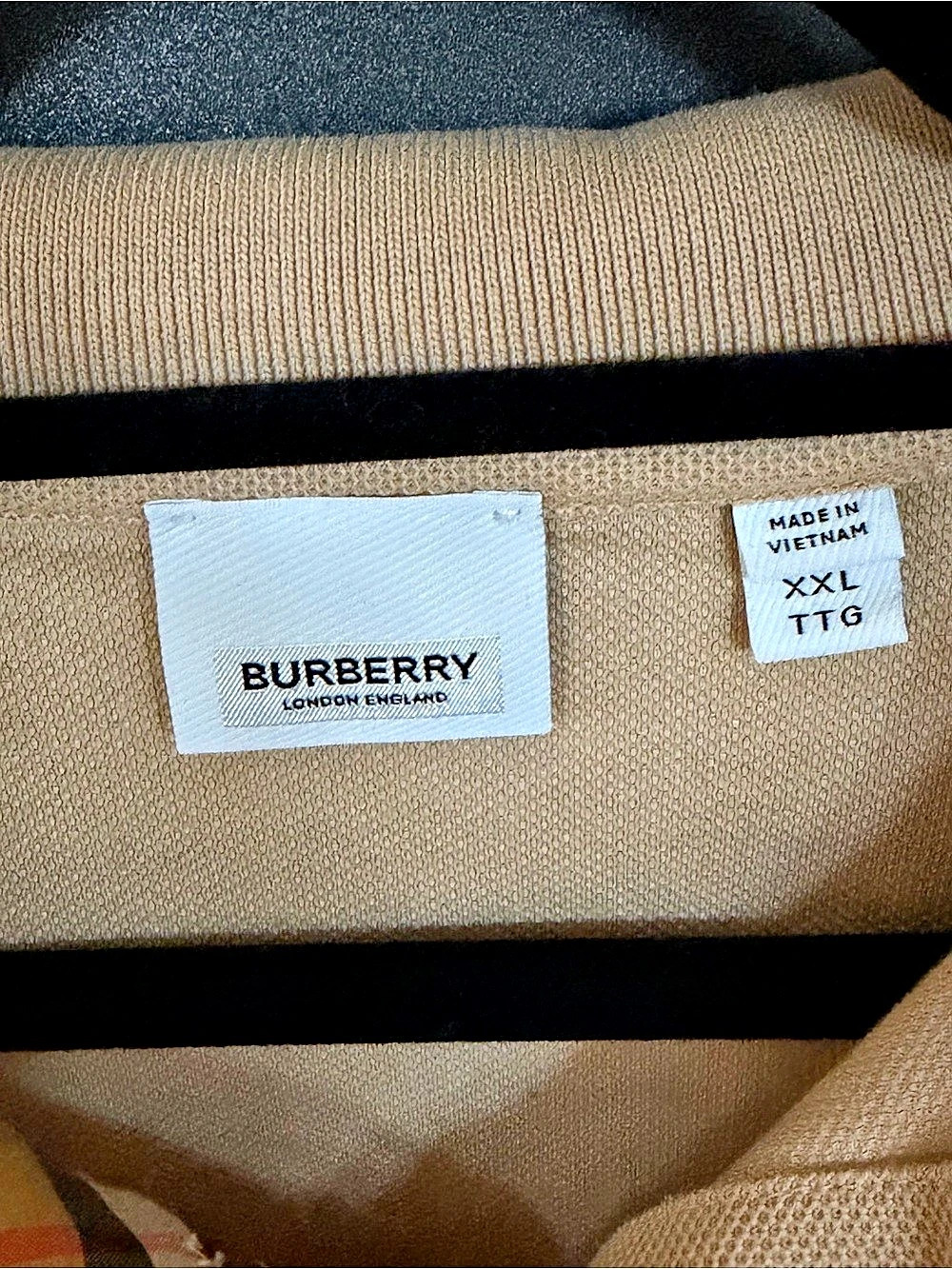 Burberry Men’s XXL Beige Cotton Polo Shirt Nova Check Trim Embroidered Logo - Picture 4 of 9